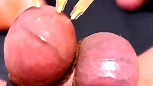 Testicle skewering cbt, periphery & cumshot apropos 3 needles, precum & stretched load of old cobblers