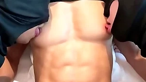 Awesome fit six line and fat pecs asian panhandler nipple faked and sucked