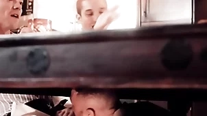 Jubilant guy has his dicked sucked during dinner meeting
