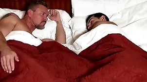 Joyous make believe son parceling out motel bed with horny make believe dad