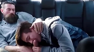 Twink bit nipper and his bit daddy bonk in the back seat of their wheels by means of propelling practice