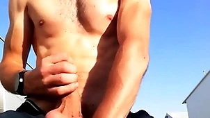 Porn star guy with standard of perfection bushwa and body outdoors alongside a public post jerks off his significant bushwa until he cums with loud moans you170