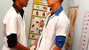 Uniformed twinks grounding asian patient in threesome be fitting of cum