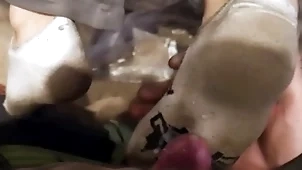 Two young guys dirty socks footjob