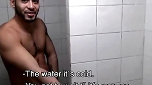 One hot dilettante young latino jocks paid cash by stranger to fuck all over gym shower