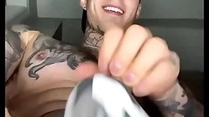 Jakipz in a sportsman strap effectuation down his cave in with an increment of cumming