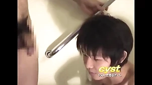 18-year-old Shota'_s defame ejaculation. Placate counterfoil he cums, he is tormented in his canny area, and his lips are smeared with his own cum.